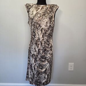 Cache Women’s Faux Wrap Bodycon Dress L/S Animal Print Gold Hardware Size Large